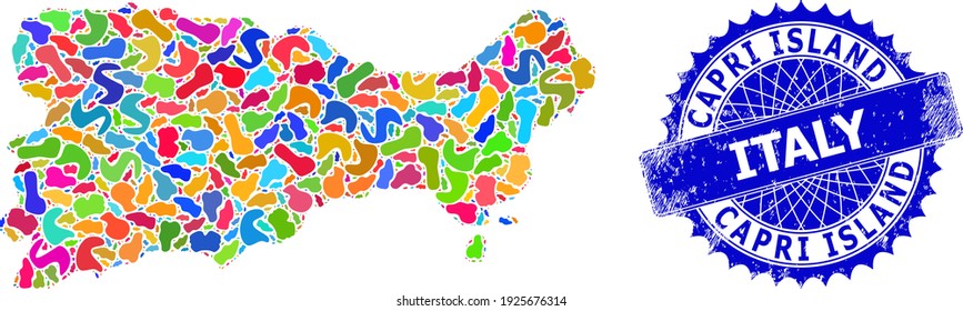 Capri Island map vector image. Spot collage and grunge stamp seal for Capri Island map. Sharp rosette blue stamp seal with text for Capri Island map.