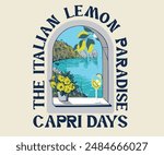 Capri Italian summer travel vector illustration, Italian lemon with beach vector illustration, summer holiday graphic t shirt design, retro vintage beach art 