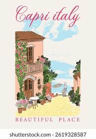 Capri Itália ilustração estética da cidade italiana Positano , obras de arte de férias no mar Mediterrâneo, design de cartaz de viagem da Europa, arte de férias da ilha italiana para t shirt, cartaz, impressão gráfica
