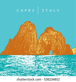 Capri, Italy. Colored vector illustration of of the famous place - coastal rocks Faraglioni. 
The vector image is the result of auto-trace. It is adapted for easy use.