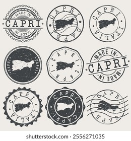 Capri, Italy Set of Stamps. Country Travel Marks. Made In Product. Design Seals Old Style Insignia.