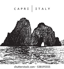 Capri, Italy. Vector illustration of of the famous place - coastal rocks Faraglioni. 
Illustration in graphic style.
The vector image is the result of autotrace. It is adapted for easy use.