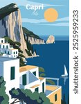 Capri, Italy Vector Illustration. Modern Poster Design for Wall Art, Banners, Cards, and Travel Posters. Mediterranean Tourism