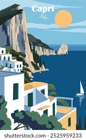 Capri, Itália Ilustração Vetorial. Design de cartaz moderno para arte de parede, banners, cartões e cartazes de viagem. Turismo Mediterrânico