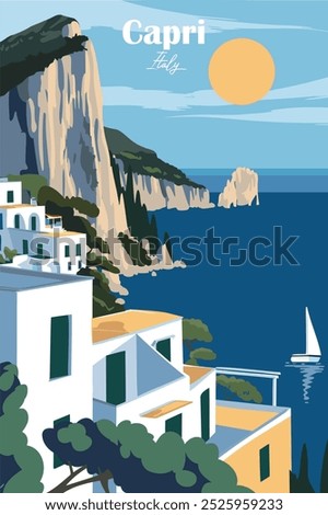 Capri, Italy Vector Illustration. Modern Poster Design for Wall Art, Banners, Cards, and Travel Posters. Mediterranean Tourism