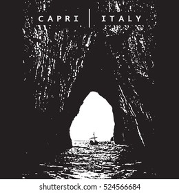 Capri, Italy. Vector image of the famous Coastal rocks Faraglioni, arch and Boat. Famous landmarks, touristic places, scenic landscapes.