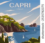 Capri Landscape, Italy. Poster design, wall poster, banner, cover, card. Modern design. Tourism concept. Flat vector illustration