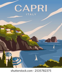 Capri Landscape, Italien. Posterdesign, Wandposter, Banner, Umschlag, Karte. Modernes Design. Tourismuskonzept. Flache Vektorgrafik