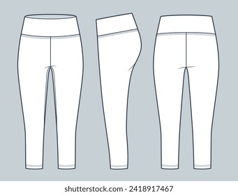 Capri Leggings diseña una plantilla de dibujo técnico plano. Dibujo de moda técnica de las horquillas de piernas recortadas, frontal, lateral, retrovista, blanco, mujeres, hombres, conjunto de maquillaje CAD de ropa de activación unisex.