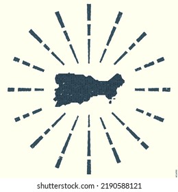 Capri Logo. Grunge sunburst poster with map of the island. Shape of Capri filled with hex digits with sunburst rays around. Artistic vector illustration.