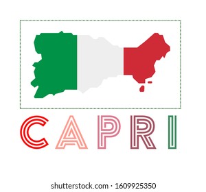 Capri Logo. Map of Capri with island name and flag. Elegant vector illustration.