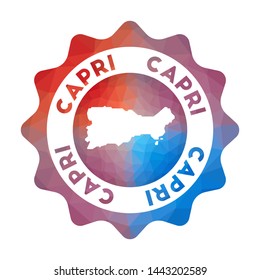 Capri low poly logo. Colorful gradient travel logo of the island in geometric style. Multicolored polygonal Capri rounded sign with map for your infographics.