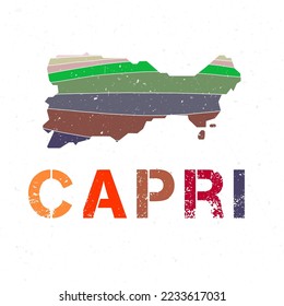 Capri map design. Shape of the island with beautiful geometric waves and grunge texture. Artistic vector illustration.