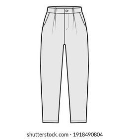 Capri pants technical fashion illustration with belt loops, mid-calf length, single pleat, normal waist, high rise, slashed, flap pocket. Flat breeches bottom front, grey color. Women, men CAD mockup