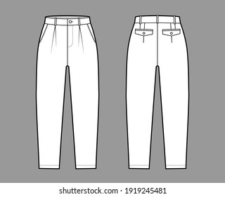 Capri pants technical fashion illustration with belt loops, calf length, single pleat, normal waist, high rise, slashed, flap pocket. Flat breeches bottom front, back white color. Women men CAD mockup