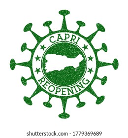 Capri Reopening Stamp. Green round badge of island with map of Capri. Island opening after lockdown. Vector illustration.