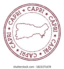 Capri round rubber stamp with island map. Vintage red passport stamp with circular text and stars, vector illustration.