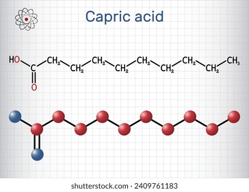 Ácido caprico, ácido decanoico o molécula de ácido decílico. Es ácido graso saturado. Fórmula química estructural, modelo molécula. Hoja de papel en una jaula. Ilustración del vector