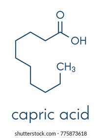 Capric (decanoic) acid molecule. Common saturated fatty acid. Skeletal formula.