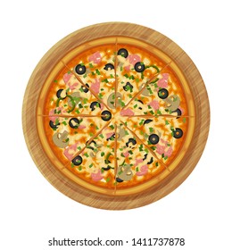 Capricciosa pizza with ham, olives and mushrooms on wood plate. Object for packaging, advertisements, menu. Isolated on white. Vector illustration. Cartoon.