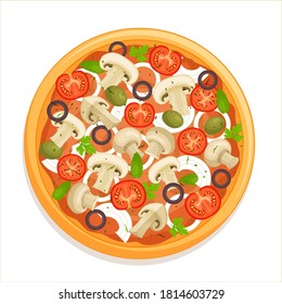 Capricciosa pizza top view. Traditional pizza with mushrooms, tomatoes and olives isolated on a white background. Vector illustration in cartoon style. Italian cuisine flat lay.