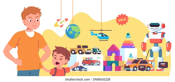 Capricious Boy Kid Crying Asking Mother To Buy Robot In Toy Store Window. Angry Mom Looking Strictly At Upset Son Child Pointing At Toy. Parenting Misbehavior Problem. Flat Vector Illustration