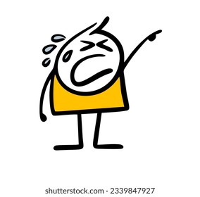 Capricious child cries, screams and points, demands to buy a new toy. Vector illustration of a naughty boy. Cute stick figure person isolated on white background.