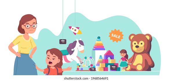 Capricious girl kid crying asking mother to buy teddy bear or doll in store showcase. Angry mom looking strictly at daughter child pointing at toy. Parenting misbehavior. Flat vector illustration