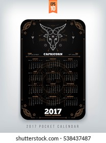 Capricorn 2017 year zodiac calendar pocket size vertical layout Black color design style vector concept illustration