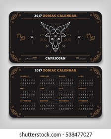 Capricorn 2017 year zodiac calendar pocket size horizontal layout Double side black color design style vector concept illustration