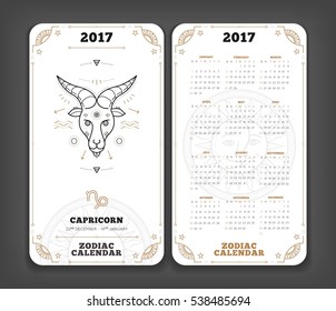 Capricorn 2017 year zodiac calendar pocket size vertical layout Double side white color design style vector concept illustration