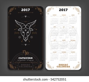 Capricorn 2017 year zodiac calendar pocket size vertical layout Double side white color design style vector concept illustration