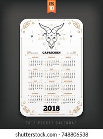 Capricorn 2018 year zodiac calendar pocket size vertical layout White color design style vector concept illustration.