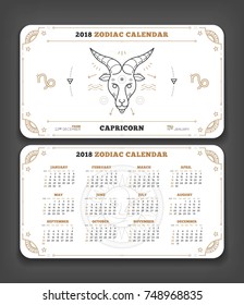 Capricorn 2018 year zodiac calendar pocket size horizontal layout Double side white color design style vector concept illustration