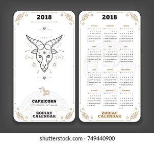 Capricorn 2018 year zodiac calendar pocket size vertical layout Double side white color design style vector concept illustration