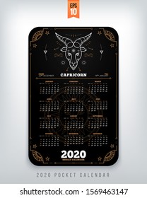 Capricorn 2020 year zodiac calendar pocket size vertical layout Black color design style vector concept illustration