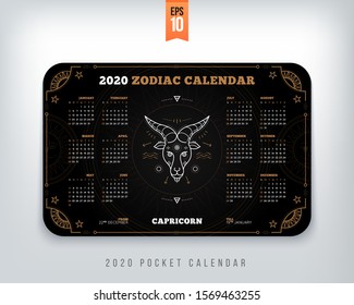 Capricorn 2020 year zodiac calendar pocket size horizontal layout black color design style vector concept illustration