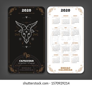 Capricorn 2020 year zodiac calendar pocket size vertical layout Double side black and white color design style vector concept illustration