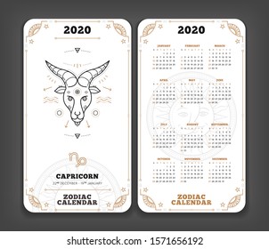 Capricorn 2020 year zodiac calendar pocket size vertical layout Double side white color design style vector concept illustration