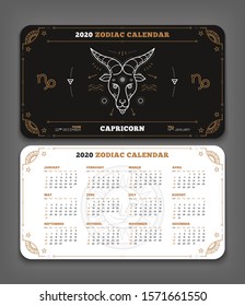 Capricorn 2020 year zodiac calendar pocket size horizontal layout Double side black and white color design style vector concept illustration