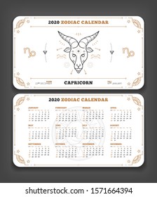 Capricorn 2020 year zodiac calendar pocket size horizontal layout Double side white and black color design style vector concept illustration