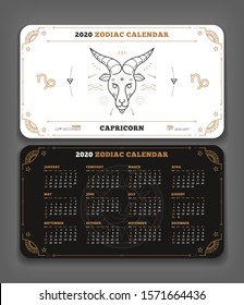 Capricorn 2020 year zodiac calendar pocket size horizontal layout Double side white and black color design style vector concept illustration