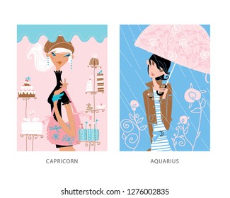Capricorn and aquarius girl zodiac sign. Woman horoscope vector illustration.