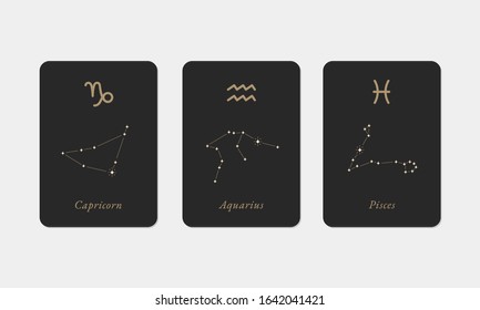 Capricorn, Aquarius, Pisces constellations Vector Design. Hand Drawn Capricorn, Aquarius, Pisces Zodiac Symbols. Minimalistic illustration set.