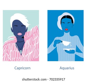 Capricorn And Aquarius Woman Horoscope Signs. Vector Illustration.