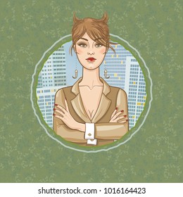 Capricorn astrological sign. Beautiful businesswoman. Downtown background