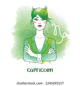 Capricorn astrological sign. Beautiful businesswoman. Watercolor background