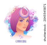 Capricorn astrological sign as a beautiful girl. Vector illustration over watercolor background isolated on white. Future telling, horoscope. Fashion woman zodiac set. 