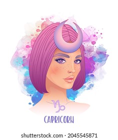 Señal astrológica de Capricornio como una chica hermosa. Ilustración vectorial sobre el fondo de la acuarela aislada en blanco. Contando el futuro, horóscopo. Mujer de moda zodiac set. 