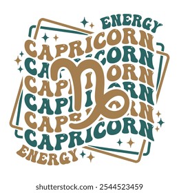 Capricorn astrological sign. Retro wavy text zodiac design.